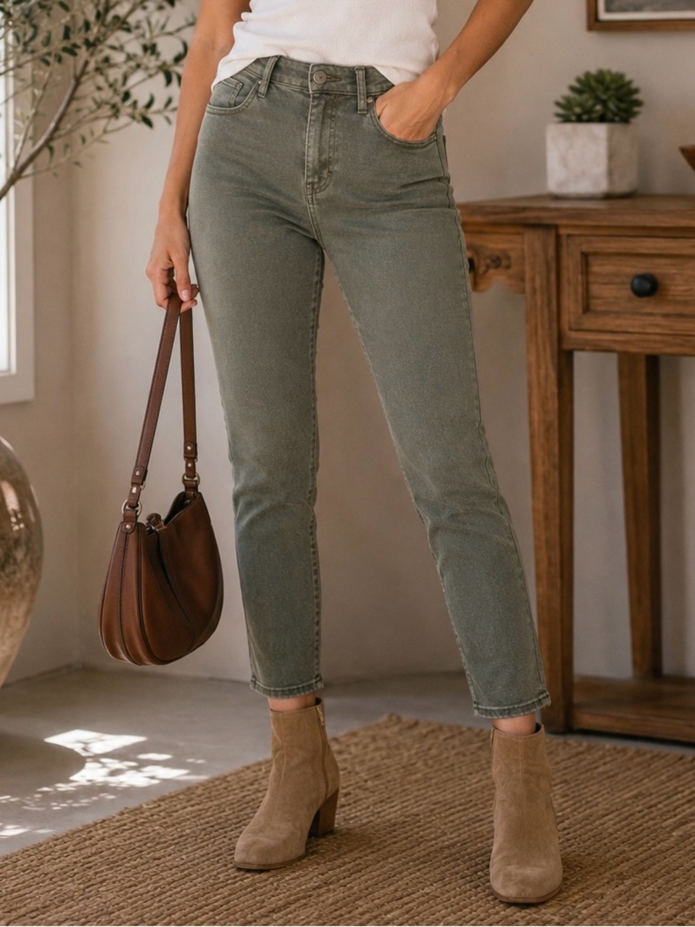PAIGE Verdugo Ankle Skinny‎ Jeans Size 26 Olive Green Stretch *